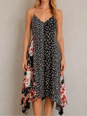 rag & bone Black and Red Floral Patchwork Handkerchief Hem Dress